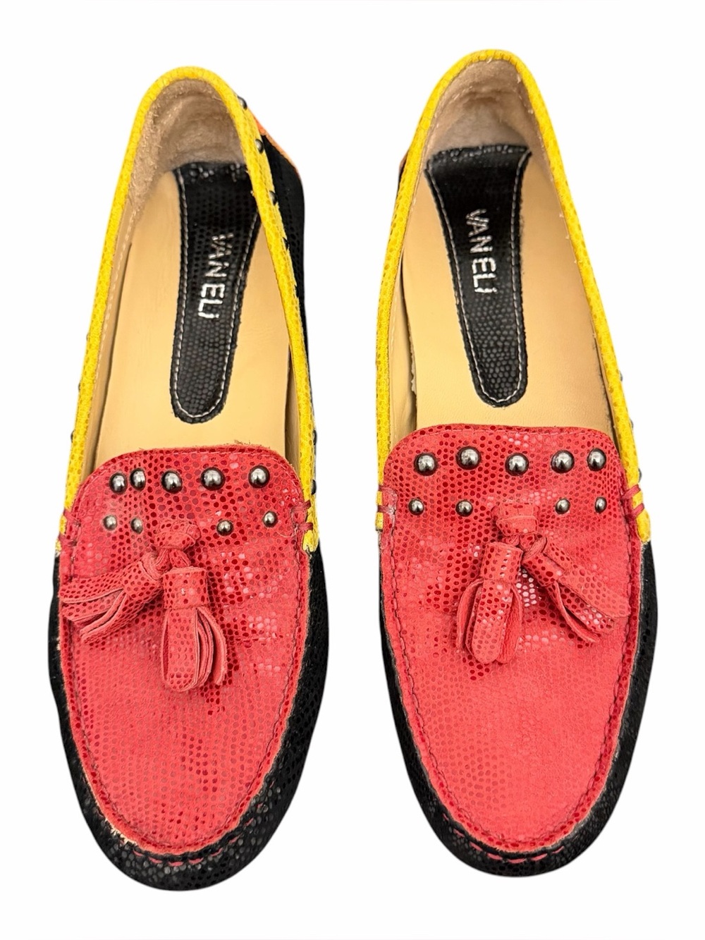 Vaneli Leather Driving Loafers Tassels Orange Black Yellow Moc Toe Studs Sz 9A